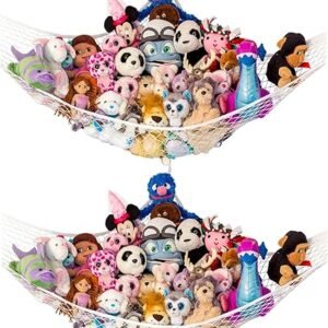 Lilly's Love Stuffed Animal Hammock | Corner Hanging Organizer, Toy Storage, Stuffed Animal Storage Net | Made from Quality Fishing Net, Holds 12lbs | 67"x47"x47" (White, 2 Pack)