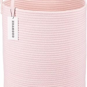 Cotton Rope Laundry Basket Hamper for Girls Kids Baby Nursery Hamper Bin Woven Storage Basket for Living Room Girls room Boho Tall Rope Baskets for Blanket Toys Large light pink